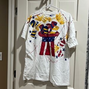 ALEXIS LEA 90s HANDPAINTED PATRIOTIC HAT AND FIREWORKS SHIRT- HANES ADULT XL